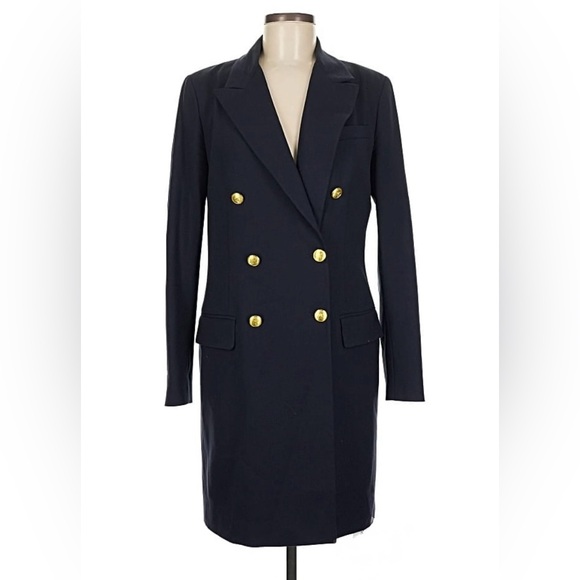 Ralph Lauren Double Breasted Wool Blazer Dress Long Jacket Coat 8 Navy Gold - Picture 5 of 9